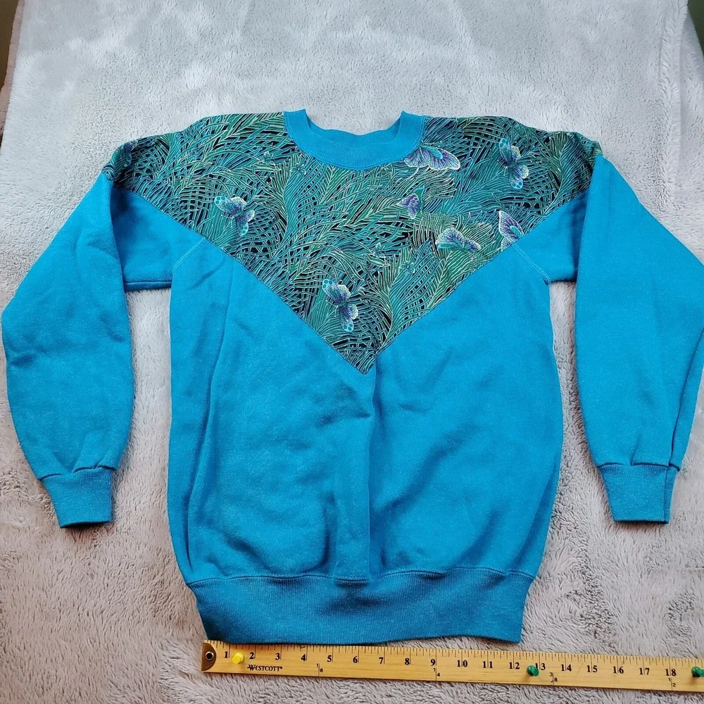 Hanes Sweatshirt Womens M Vintage 80s Butterfly Tropical Graphic Blend Teal Blue